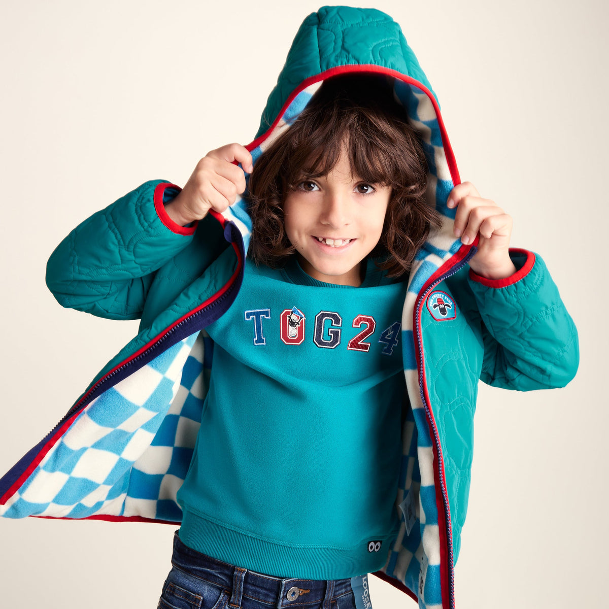 Arapawa Shaun the Sheep Kids Insulated Quilted Coat Microfleece Lining - Peacock Green - Image 7