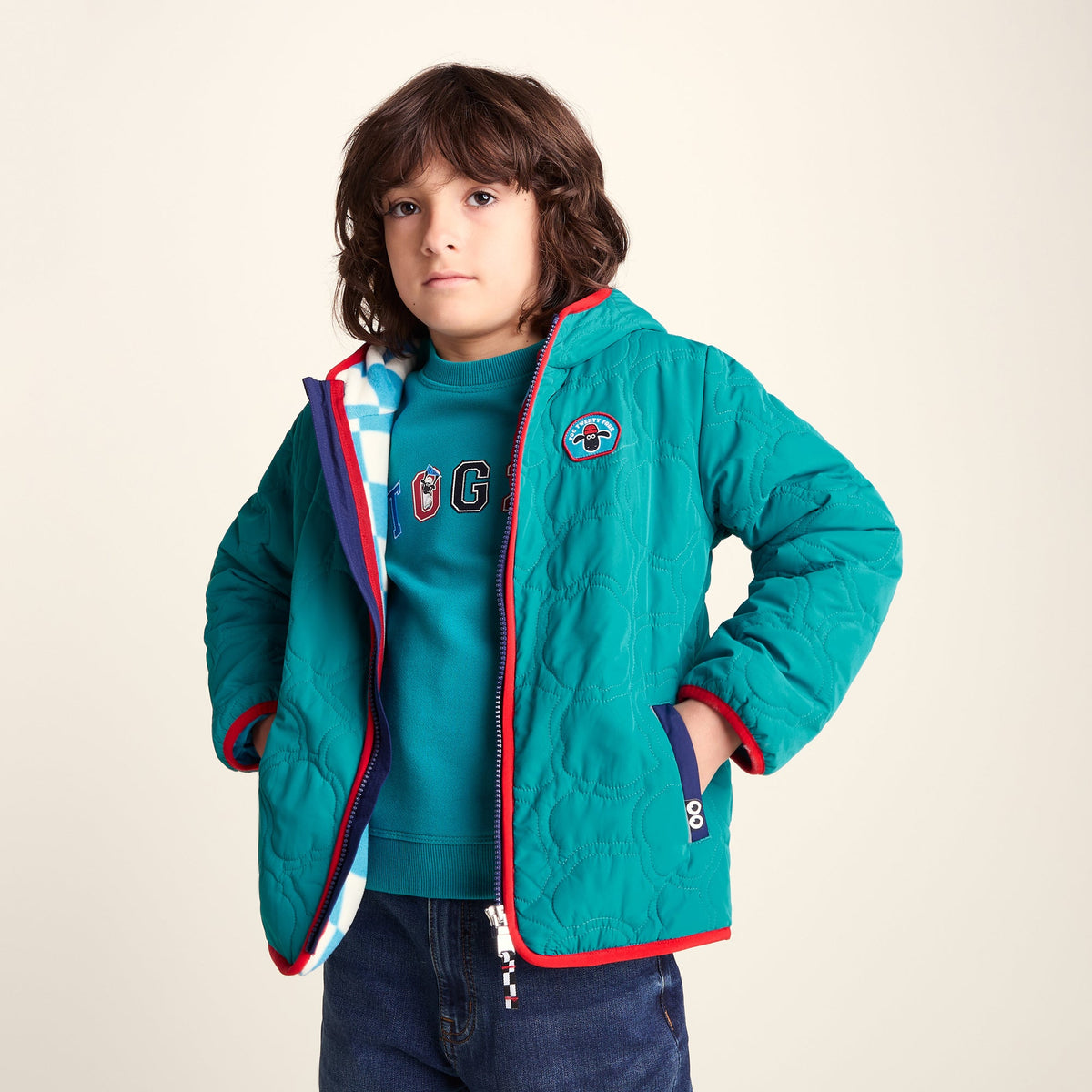 Arapawa Shaun the Sheep Kids Insulated Quilted Coat Microfleece Lining - Peacock Green - Image 9