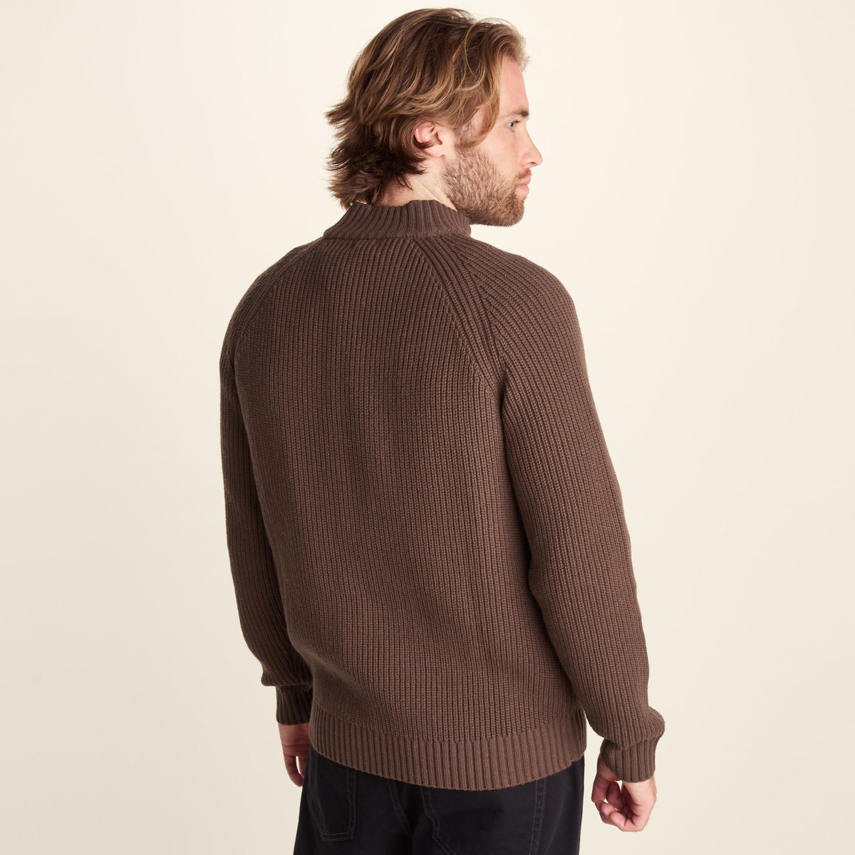 Glen Mens Chunky Knitted Zip Neck Jumper - Chestnut Brown - Image 3