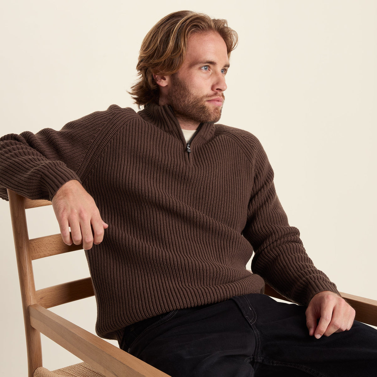 Glen Mens Chunky Knitted Zip Neck Jumper - Chestnut Brown - Image 4