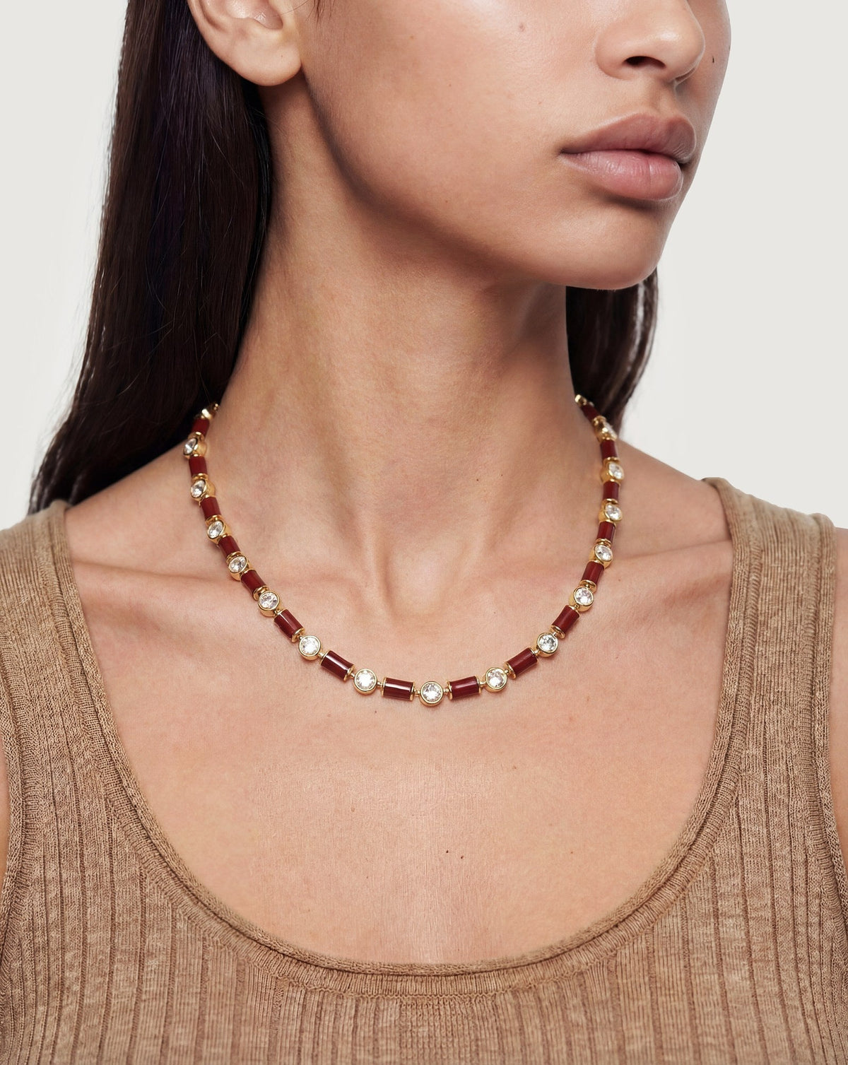 Burgundy Enamel and Crystal Barrel Necklace - Image 2