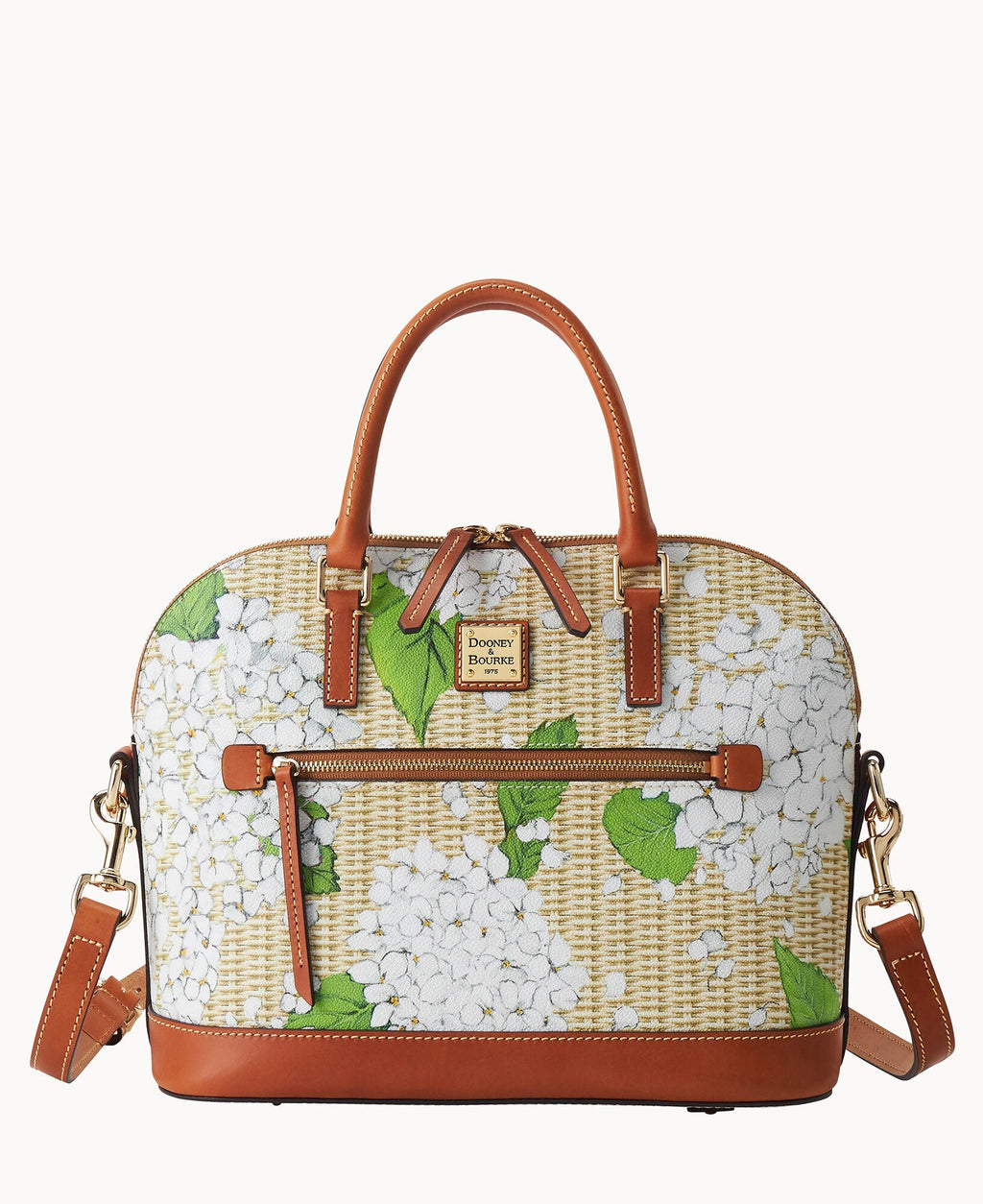 Hydrangea Basketweave Domed Zip Satchel - White