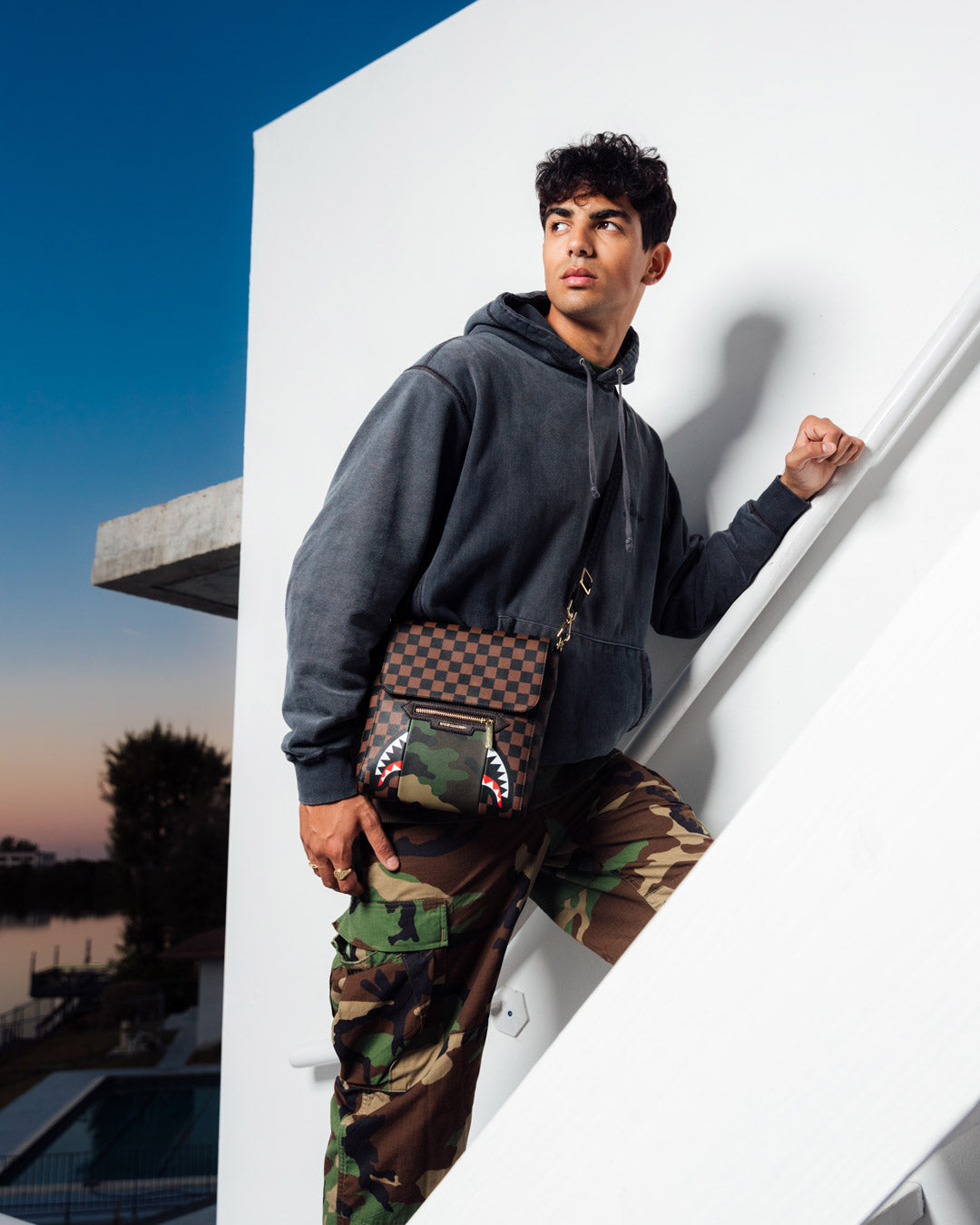 Exterior Gold Zip Pocket Sharks in Paris Messenger Sling Bag - Image 2