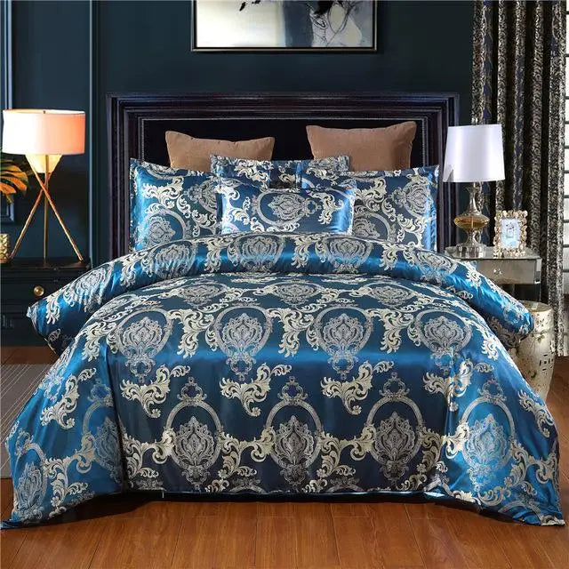 Luxury Gold Silk-Look Bedding Set - Blue