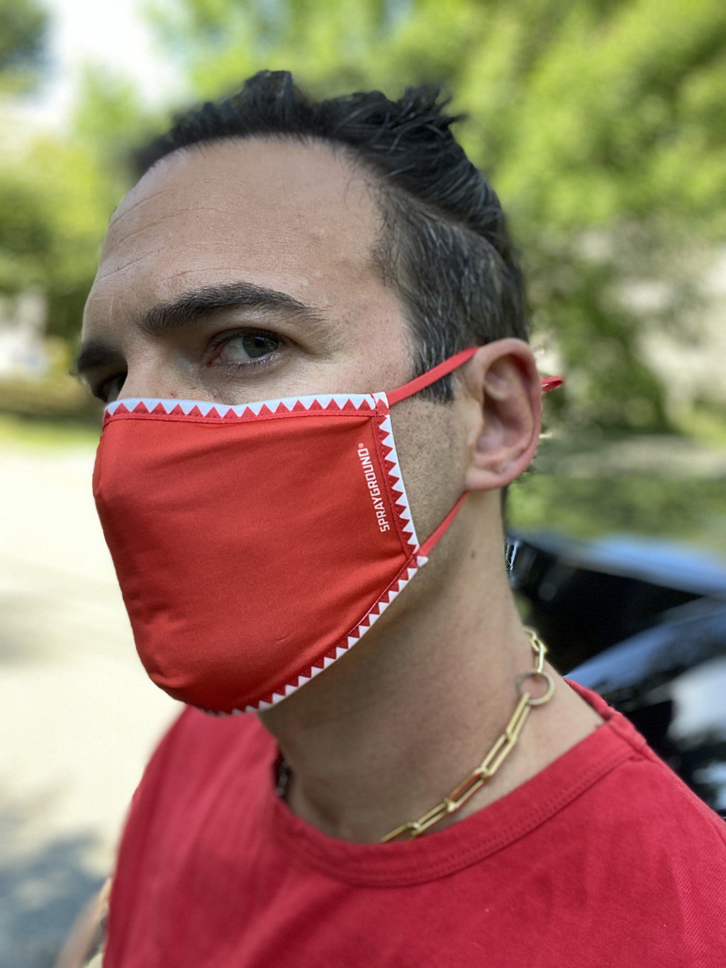 Adult Vertical Shark (Red) Form-Fitting Face Mask - Image 3