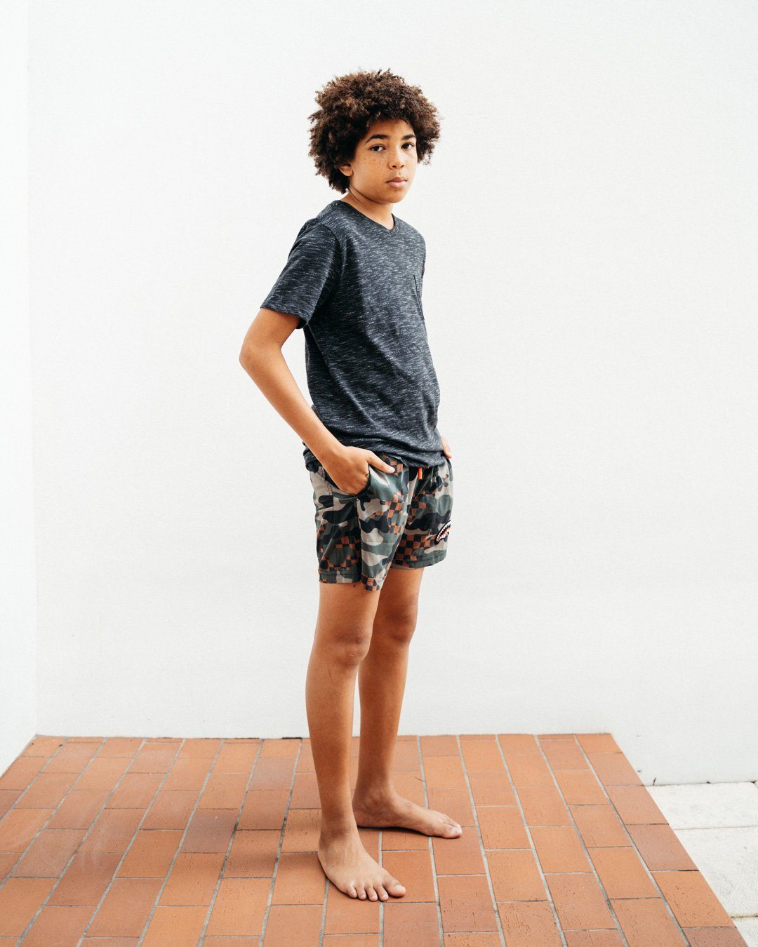 Kids Camo Checkered Swim Trunks - Image 6