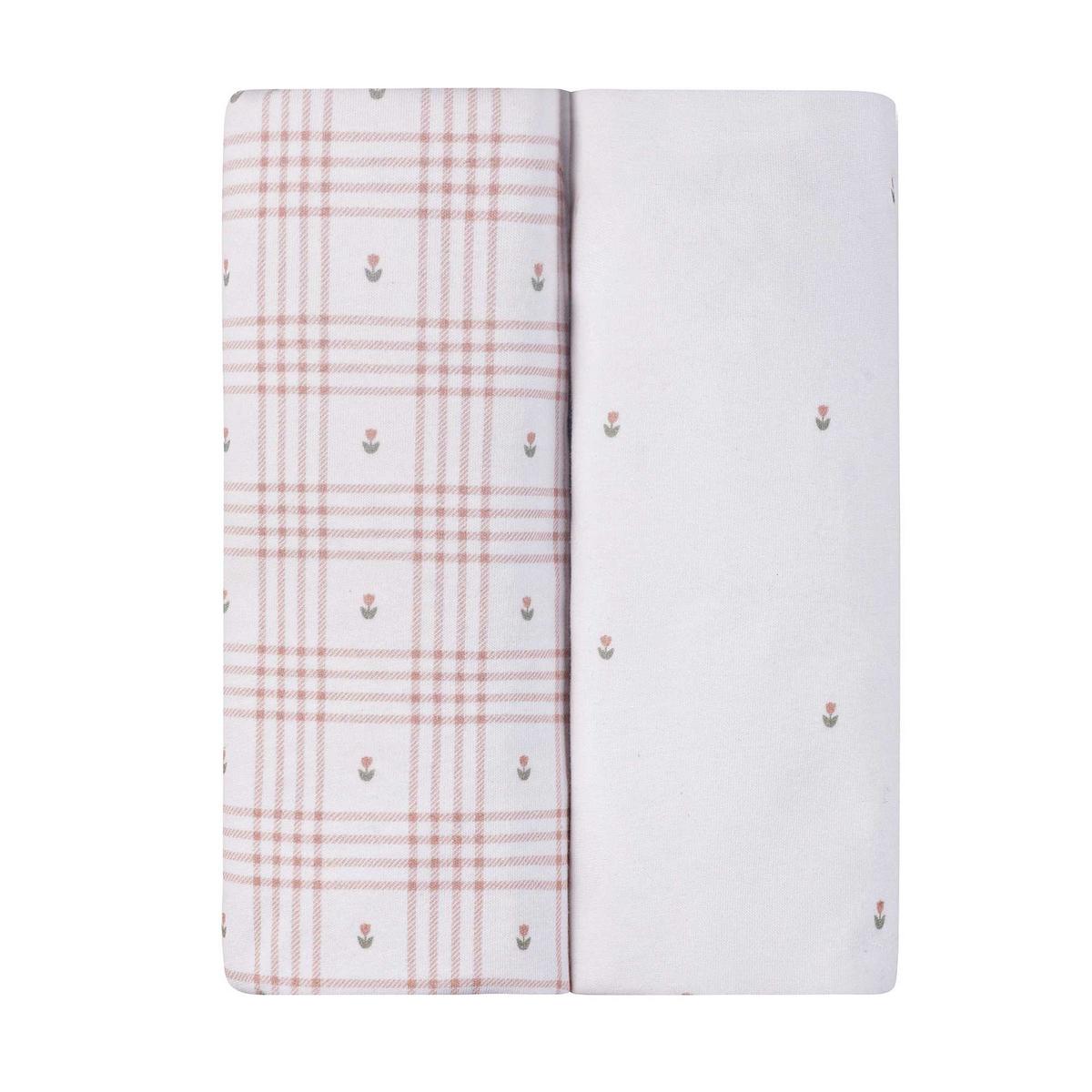 Ely's & Co. 2 Pack Waterproof Crib Sheets - Floral Plaid Collection - Pink - Image 2
