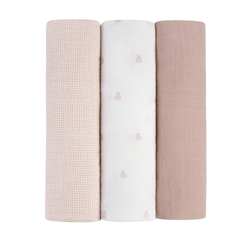Ely's & Co. 3 Pack Muslin Swaddles - Gingham Bear Collection - Pink - Image 2