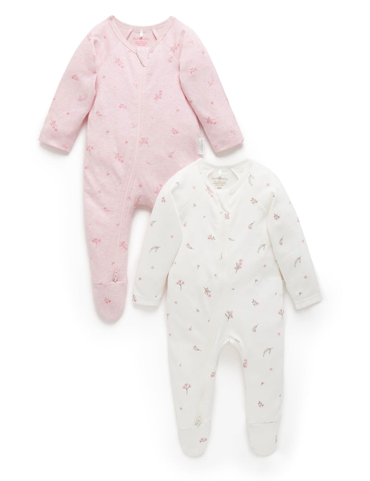 Purebaby 2 Pack Zip Growsuit - Pale Pink Blossom, 0-3M